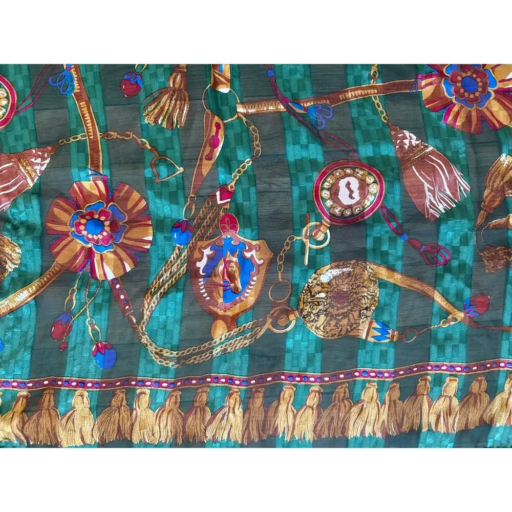 Vintage Silky Striped Green and Gold Scarf